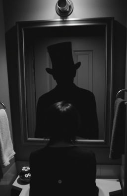A haunting black and white scene featuring a shadowy figure wearing a top hat reflected in a bathroom mirror