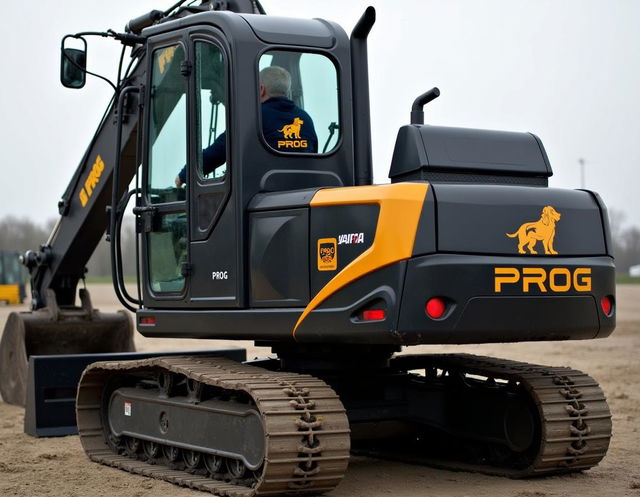 A sleek black and gold rotary excavator featuring the word 'PROG' and a prominent logo of a Cocker Spaniel