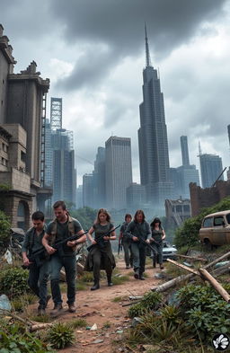 In a dystopian, apocalyptic world, a group of survivors navigates through the ruins of a once thriving city