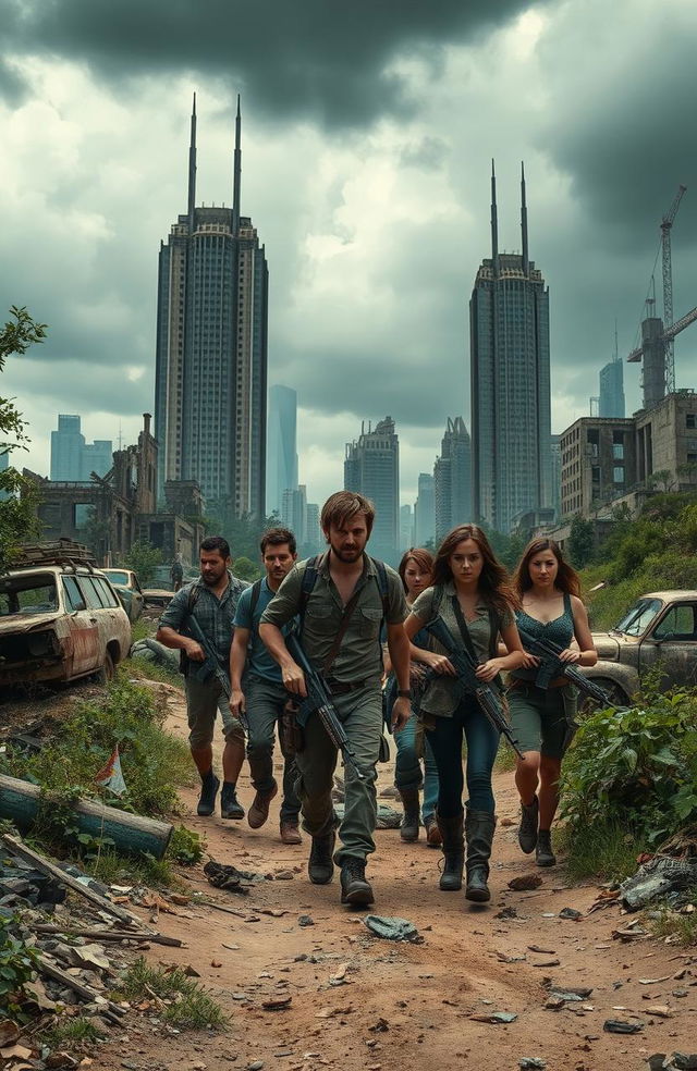 In a dystopian, apocalyptic world, a group of survivors navigates through the ruins of a once thriving city