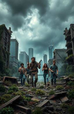 In a dystopian, apocalyptic world, a group of survivors navigates through the ruins of a once thriving city