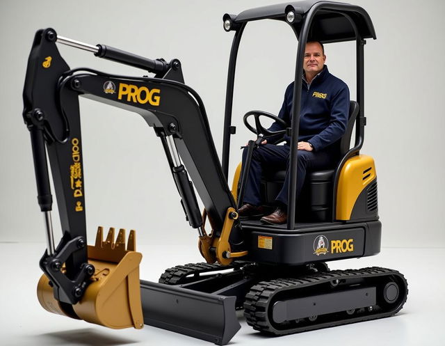 A mini excavator designed in a sleek black and gold color scheme, prominently displaying the word 'PROG' and featuring a logo of a cocker spaniel