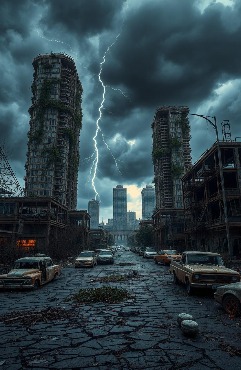 A desolate, dystopian, apocalyptic world featuring crumbling skyscrapers overgrown with vines and weeds, rusted vehicles abandoned on cracked roads, dark stormy skies looming overhead, and eerie silence engulfing the landscape