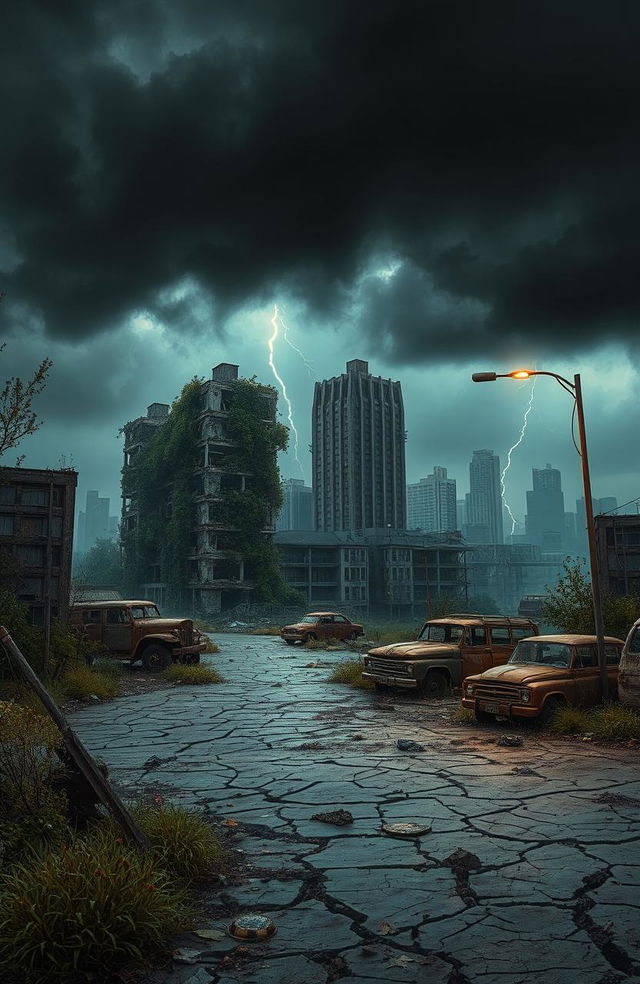 A desolate, dystopian, apocalyptic world featuring crumbling skyscrapers overgrown with vines and weeds, rusted vehicles abandoned on cracked roads, dark stormy skies looming overhead, and eerie silence engulfing the landscape