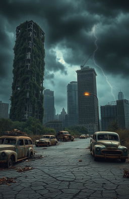 A desolate, dystopian, apocalyptic world featuring crumbling skyscrapers overgrown with vines and weeds, rusted vehicles abandoned on cracked roads, dark stormy skies looming overhead, and eerie silence engulfing the landscape