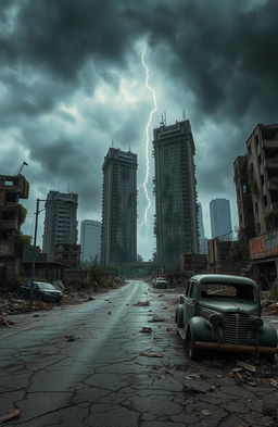 A desolate, dystopian, apocalyptic world featuring crumbling skyscrapers overgrown with vines and weeds, rusted vehicles abandoned on cracked roads, dark stormy skies looming overhead, and eerie silence engulfing the landscape