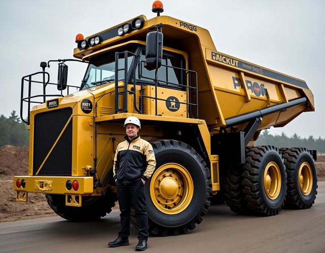 A striking golden and black dump truck prominently displaying the word 'PROG' and featuring a logo of a cocker spaniel dog