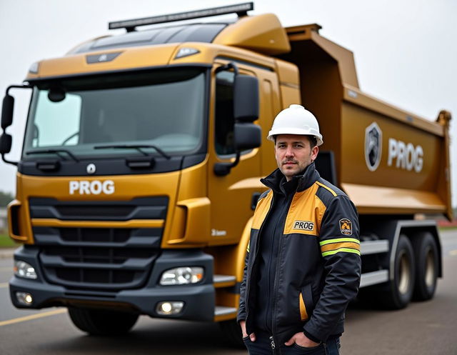 A European dump truck designed in a striking gold and black color scheme, prominently featuring the word 'PROG' and a logo of a cocker spaniel dog on its side