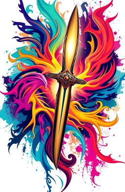 A striking image of a beautifully crafted dagger piercing through a vibrant and intricate graphic design, with vivid colors and shapes swirling around it, showcasing a mix of modern and traditional art styles