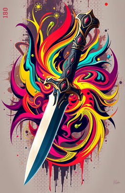 A striking image of a beautifully crafted dagger piercing through a vibrant and intricate graphic design, with vivid colors and shapes swirling around it, showcasing a mix of modern and traditional art styles