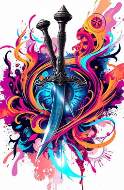 A striking image of a beautifully crafted dagger piercing through a vibrant and intricate graphic design, with vivid colors and shapes swirling around it, showcasing a mix of modern and traditional art styles