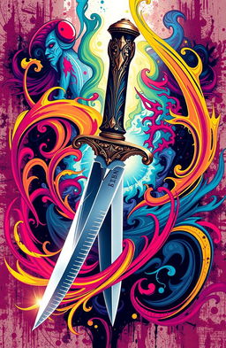 A striking image of a beautifully crafted dagger piercing through a vibrant and intricate graphic design, with vivid colors and shapes swirling around it, showcasing a mix of modern and traditional art styles