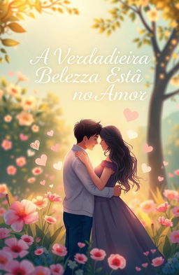 A captivating book cover design featuring the title "A Verdadeira Beleza Está no Amor" beautifully integrated into the composition
