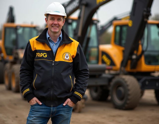 A vibrant scene featuring several black and gold construction machines, all adorned with the word 'PROG', set against a busy construction site background