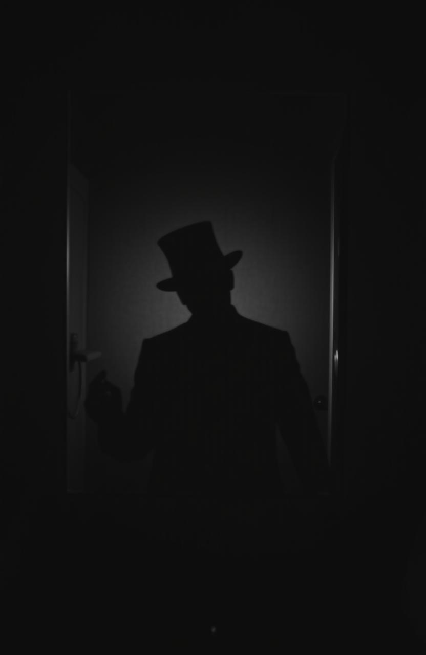 A spooky, eerie scene featuring a creepy shadow of a figure wearing a classic top hat, prominently reflected in a bathroom mirror