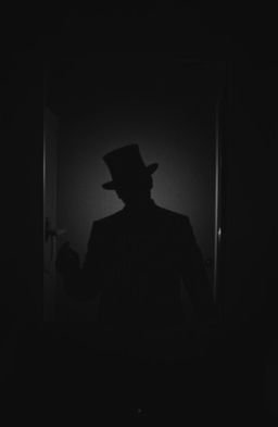 A spooky, eerie scene featuring a creepy shadow of a figure wearing a classic top hat, prominently reflected in a bathroom mirror