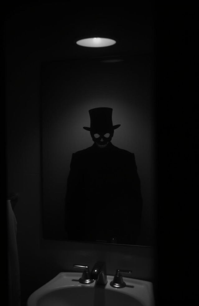 A spooky, eerie scene featuring a creepy shadow of a figure wearing a classic top hat, prominently reflected in a bathroom mirror