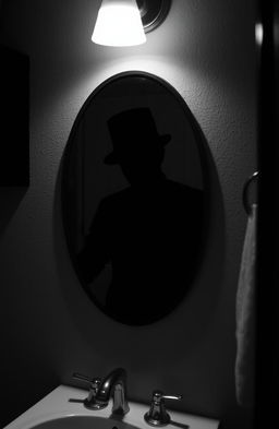 A spooky, eerie scene featuring a creepy shadow of a figure wearing a classic top hat, prominently reflected in a bathroom mirror