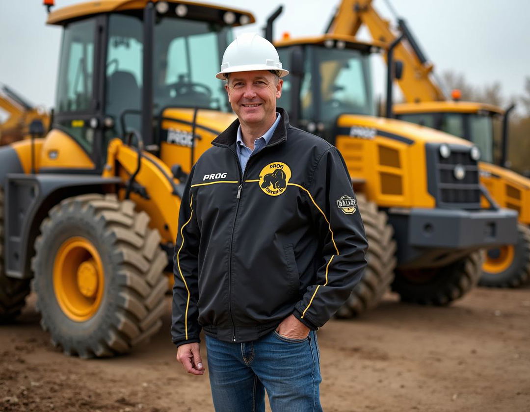 A vibrant construction scene showcasing multiple machines, including tractors, excavators, and backhoe loaders, all in striking black and gold, adorned with the word 'PROG'