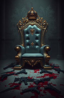 An opulent throne in shades of gray and gold, adorned with intricate details and a lavish crown seated atop it