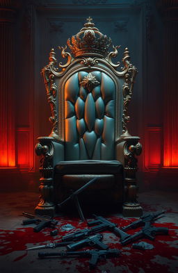An opulent throne in shades of gray and gold, adorned with intricate details and a lavish crown seated atop it