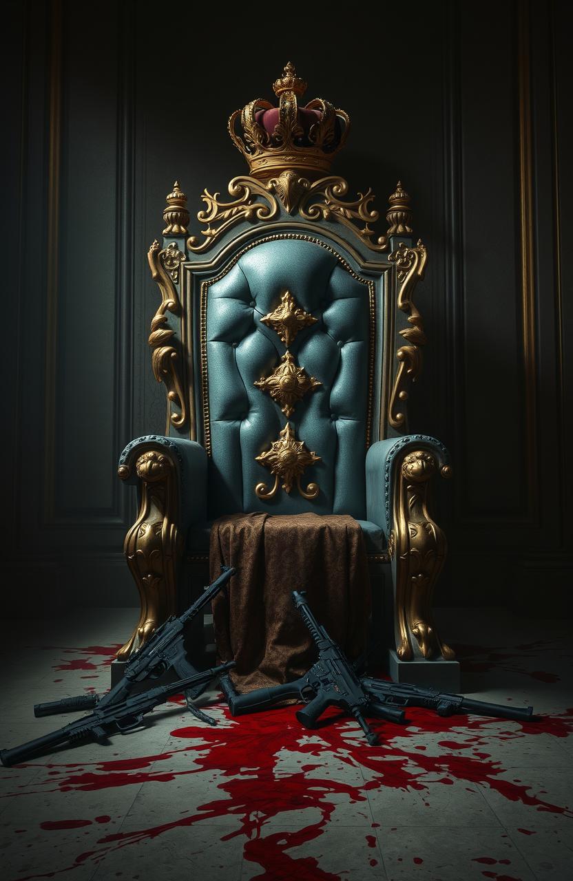 An opulent throne in shades of gray and gold, adorned with intricate details and a lavish crown seated atop it