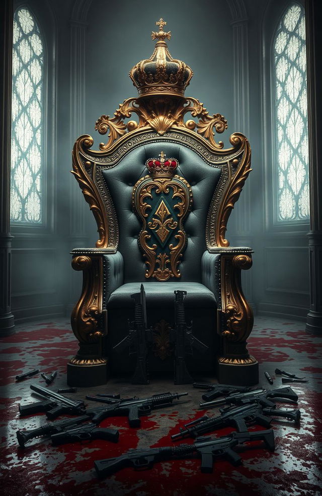 An opulent throne in shades of gray and gold, adorned with intricate details and a lavish crown seated atop it