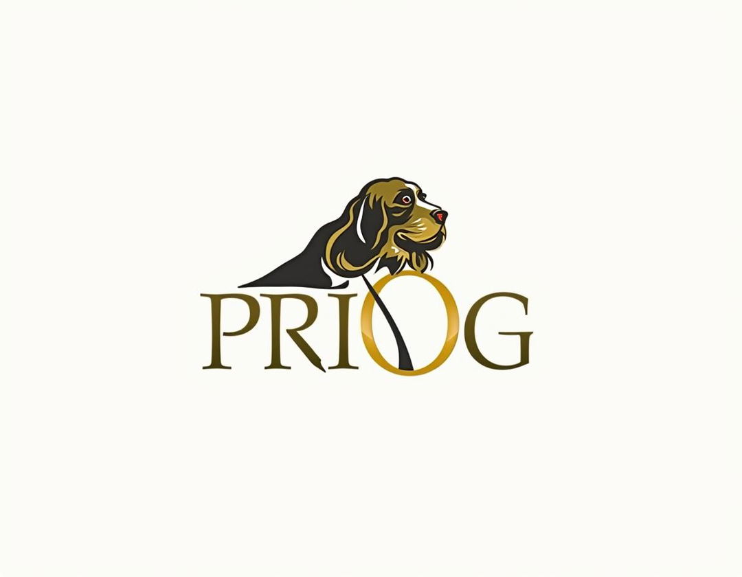 A professional logo design featuring a golden and black stylized representation of a Cocker Spaniel, with the word 'PROG' included in elegant typography