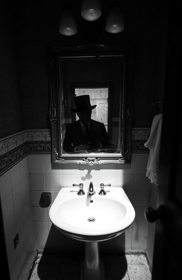 A haunting bathroom scene where a creepy shadow wearing a vintage top hat is reflected in an old, misty mirror