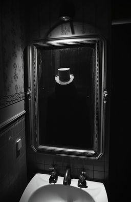 A haunting bathroom scene where a creepy shadow wearing a vintage top hat is reflected in an old, misty mirror