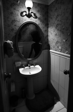 A haunting bathroom scene where a creepy shadow wearing a vintage top hat is reflected in an old, misty mirror