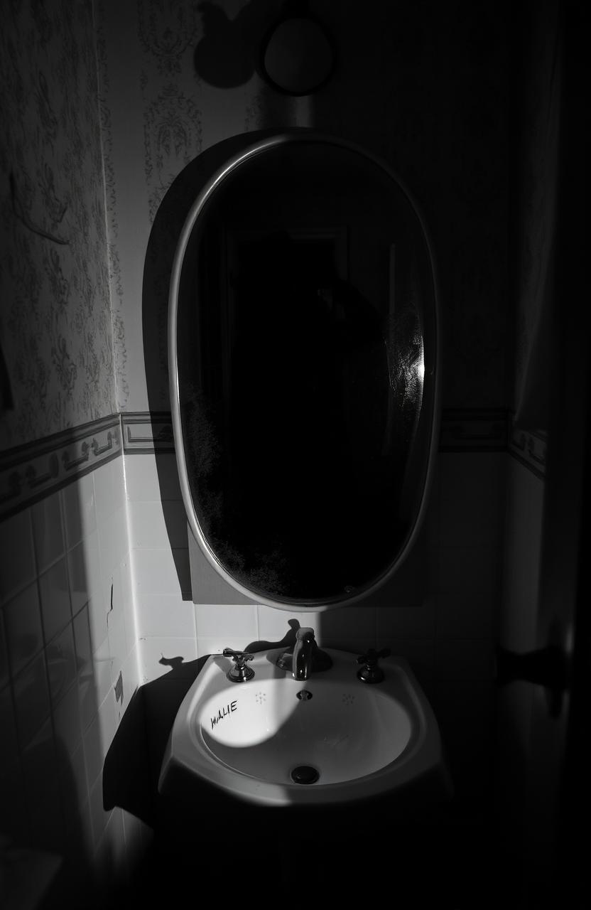 A haunting bathroom scene where a creepy shadow wearing a vintage top hat is reflected in an old, misty mirror