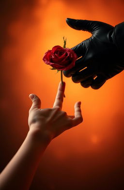A beautiful and delicate feminine hand extending its fingers from below, trying to reach a rose held by a large and elegant masculine hand from above, the masculine hand is wearing black leather gloves, the scene is titled 'The Rose of the Shadow'