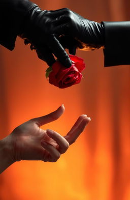 A beautiful and delicate feminine hand extending its fingers from below, trying to reach a rose held by a large and elegant masculine hand from above, the masculine hand is wearing black leather gloves, the scene is titled 'The Rose of the Shadow'