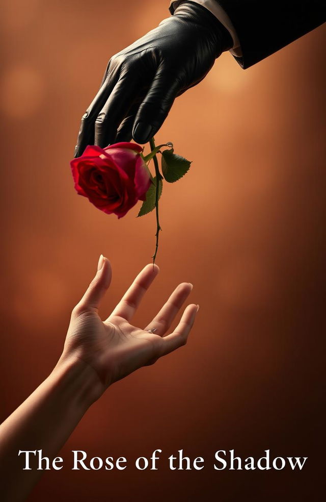 A beautiful and delicate feminine hand extending its fingers from below, trying to reach a rose held by a large and elegant masculine hand from above, the masculine hand is wearing black leather gloves, the scene is titled 'The Rose of the Shadow'