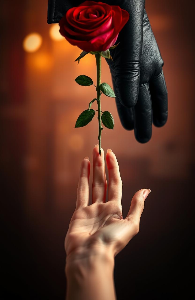 A beautiful and delicate feminine hand extending its fingers from below, trying to reach a rose held by a large and elegant masculine hand from above, the masculine hand is wearing black leather gloves, the scene is titled 'The Rose of the Shadow'