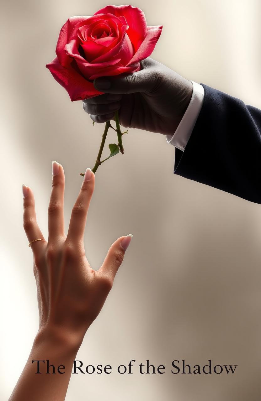 A beautiful and delicate feminine hand reaches up from below, desperately trying to grasp the petals of a rose held by an elegant masculine hand from above