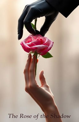 A beautiful and delicate feminine hand reaches up from below, desperately trying to grasp the petals of a rose held by an elegant masculine hand from above