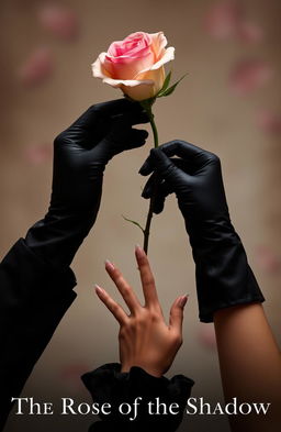 A beautiful and delicate feminine hand reaches up from below, desperately trying to grasp the petals of a rose held by an elegant masculine hand from above