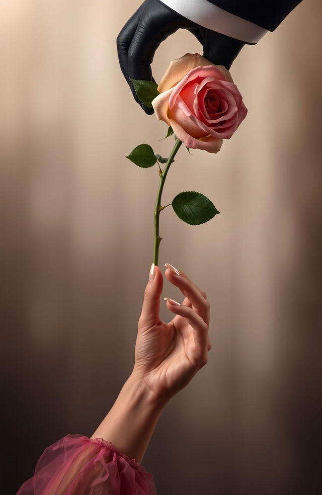 A beautiful and delicate feminine hand reaches up from below, desperately trying to grasp the petals of a rose held by an elegant masculine hand from above