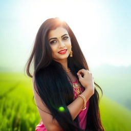 A beautiful Punjabi woman with long black hair flowing down her back, standing in an elegant pose in a serene natural setting