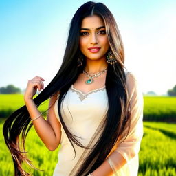 A beautiful Punjabi woman with long black hair flowing down her back, standing in an elegant pose in a serene natural setting