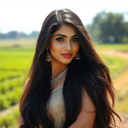 A beautiful Punjabi woman with long black hair flowing down her back, standing in an elegant pose in a serene natural setting