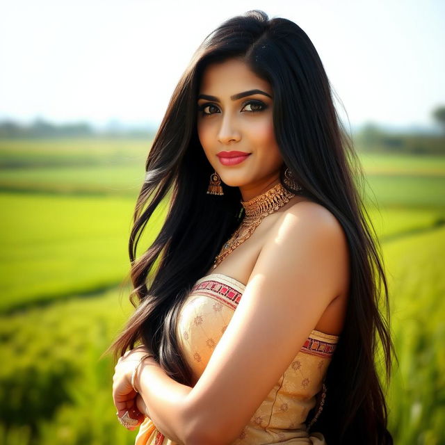 A beautiful Punjabi woman with long black hair flowing down her back, standing in an elegant pose in a serene natural setting