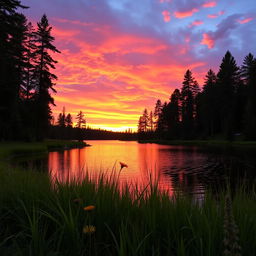 A stunning sunset over a serene lake surrounded by tall pine trees, the sky painted in vibrant hues of orange, pink, and purple as the last rays of the sun reflect off the water's surface