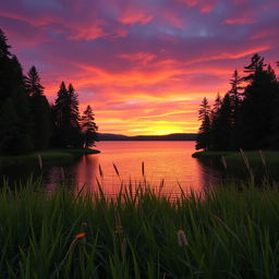 A stunning sunset over a serene lake surrounded by tall pine trees, the sky painted in vibrant hues of orange, pink, and purple as the last rays of the sun reflect off the water's surface