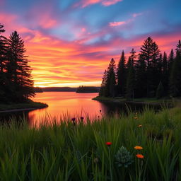 A stunning sunset over a serene lake surrounded by tall pine trees, the sky painted in vibrant hues of orange, pink, and purple as the last rays of the sun reflect off the water's surface