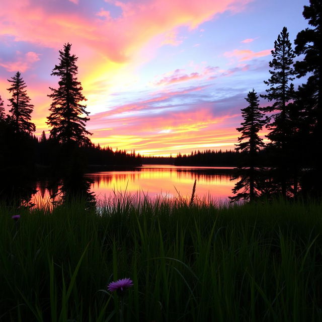 A stunning sunset over a serene lake surrounded by tall pine trees, the sky painted in vibrant hues of orange, pink, and purple as the last rays of the sun reflect off the water's surface