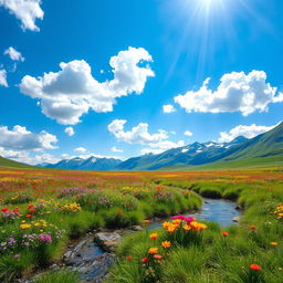 A breathtaking landscape showcasing a vast, vibrant meadow filled with wildflowers in various colors including bright yellows, deep purples, and vivid reds
