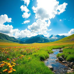 A breathtaking landscape showcasing a vast, vibrant meadow filled with wildflowers in various colors including bright yellows, deep purples, and vivid reds